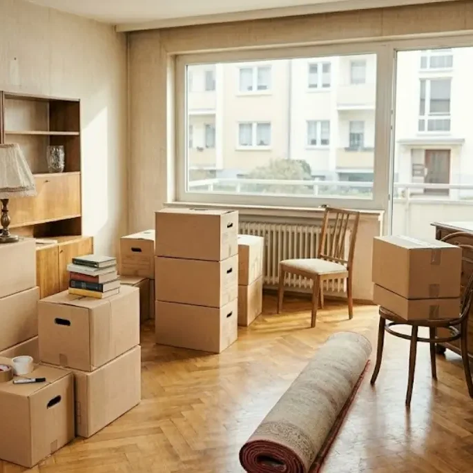 Ein teilgeräumtes Wohnzimmer während einer Haushaltsauflösung mit gepackten Umzugskartons - Kulpa Bau Frankfurt