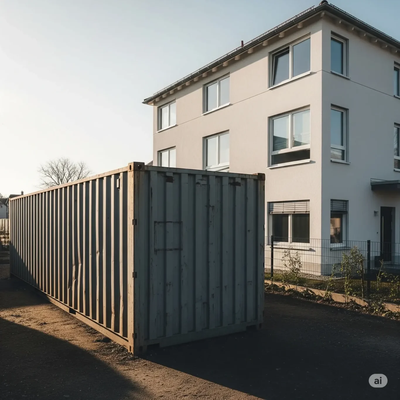 Container für Entsorgung und Recycling vor Mehrfamilienhaus - Kulpa Bau Rhein-Main